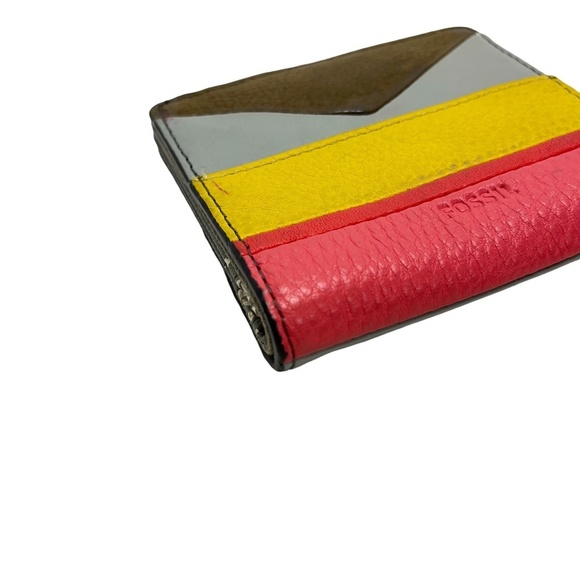 FOSSIL Genuine Leather Gray Pink Yellow Bi-Fold Wallet Coin Purse Cash Holder - Picture 6 of 16